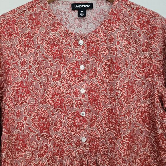 Lands' End Tunic Womens Sz Medium 3/4 Slv Brushed Twill Red Pink Paisley 511833 - Picture 2 of 9